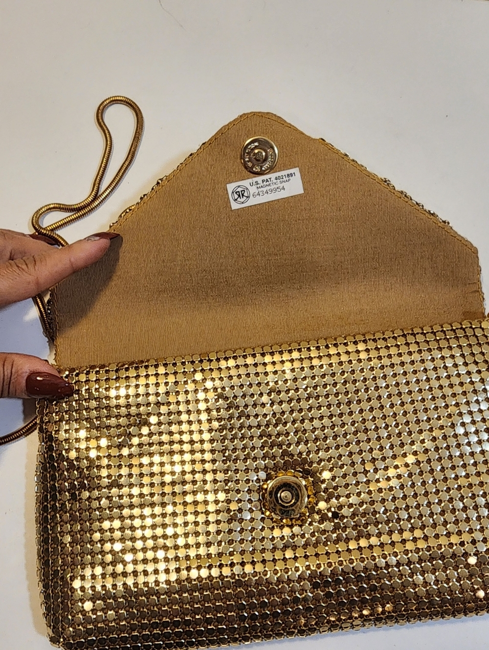 Gold Metallic Mesh Satchel Bag With Long Strap - Picture 9 of 14